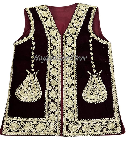 Afghan Traditional men's Mehroon velvet vest with heavy Gold braided embroidery