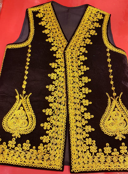 Afghan Traditional men's Black velvet vest with heavy Golden braided embroidery