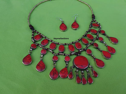 Red Coral Afghan Turkmen Tribal Ethnic Kuchi Necklace Circle 3 Layers