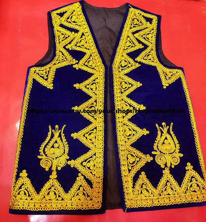 Afghan Traditional men's Blue velvet vest with heavy gold braided embroidery
