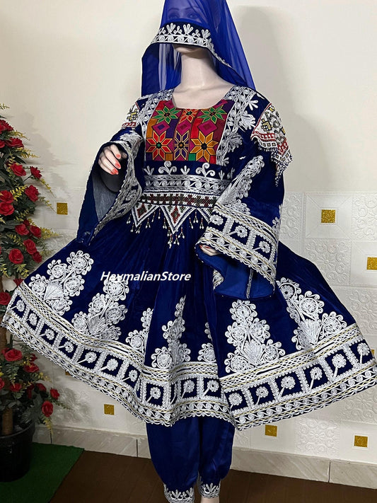 Handmade Afghan Kuchi Dress: Gray Jamawar Fabric, Tribal Boho 3-Piece