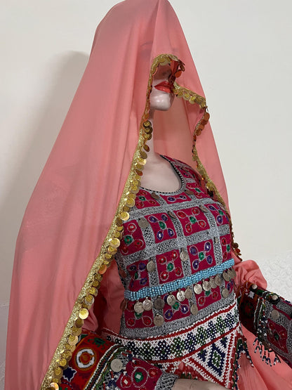 Afghan Kuchi Dress: Tea Pink Coin Trim, 3-Piece Ethnic Gown