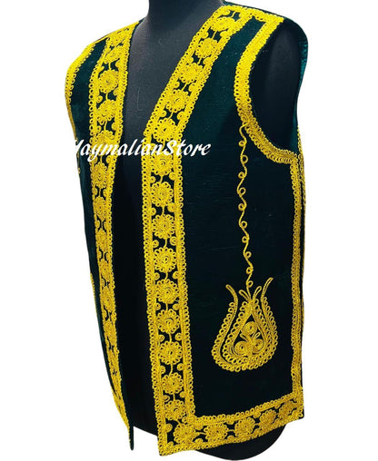 Embroidered Afghan Velvet Vest: Golden Pashtun Style