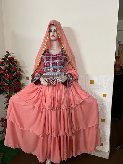 Afghan Kuchi Dress: Tea Pink Coin Trim, 3-Piece Ethnic Gown