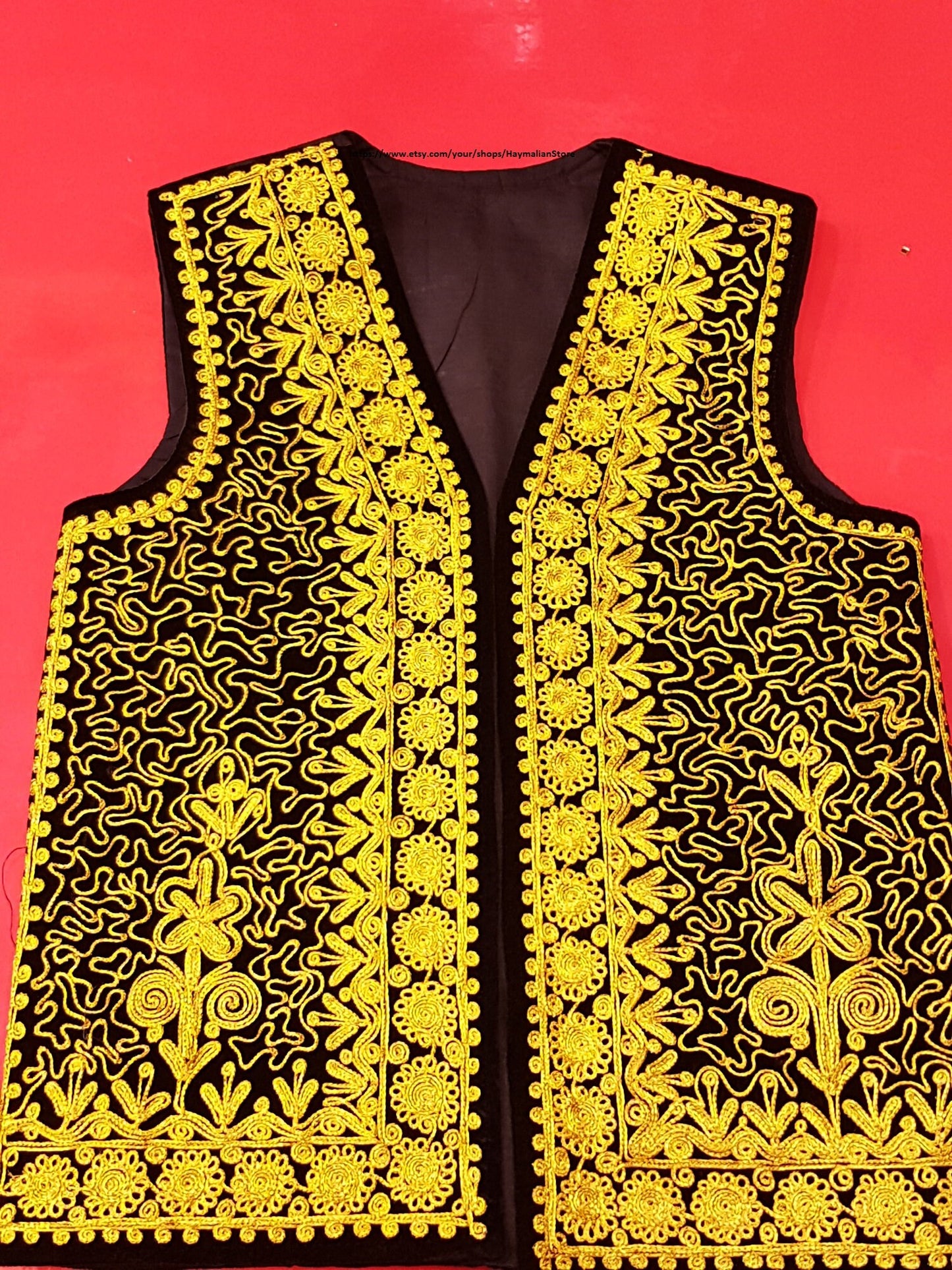 Afghan Traditional men's Black velvet vest with heavy gold braided embroidery