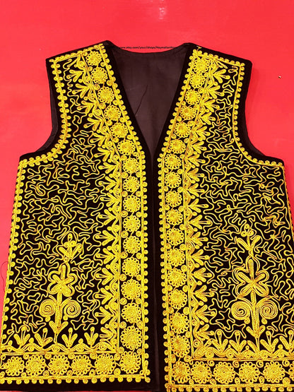Afghan Traditional men's Black velvet vest with heavy gold braided embroidery