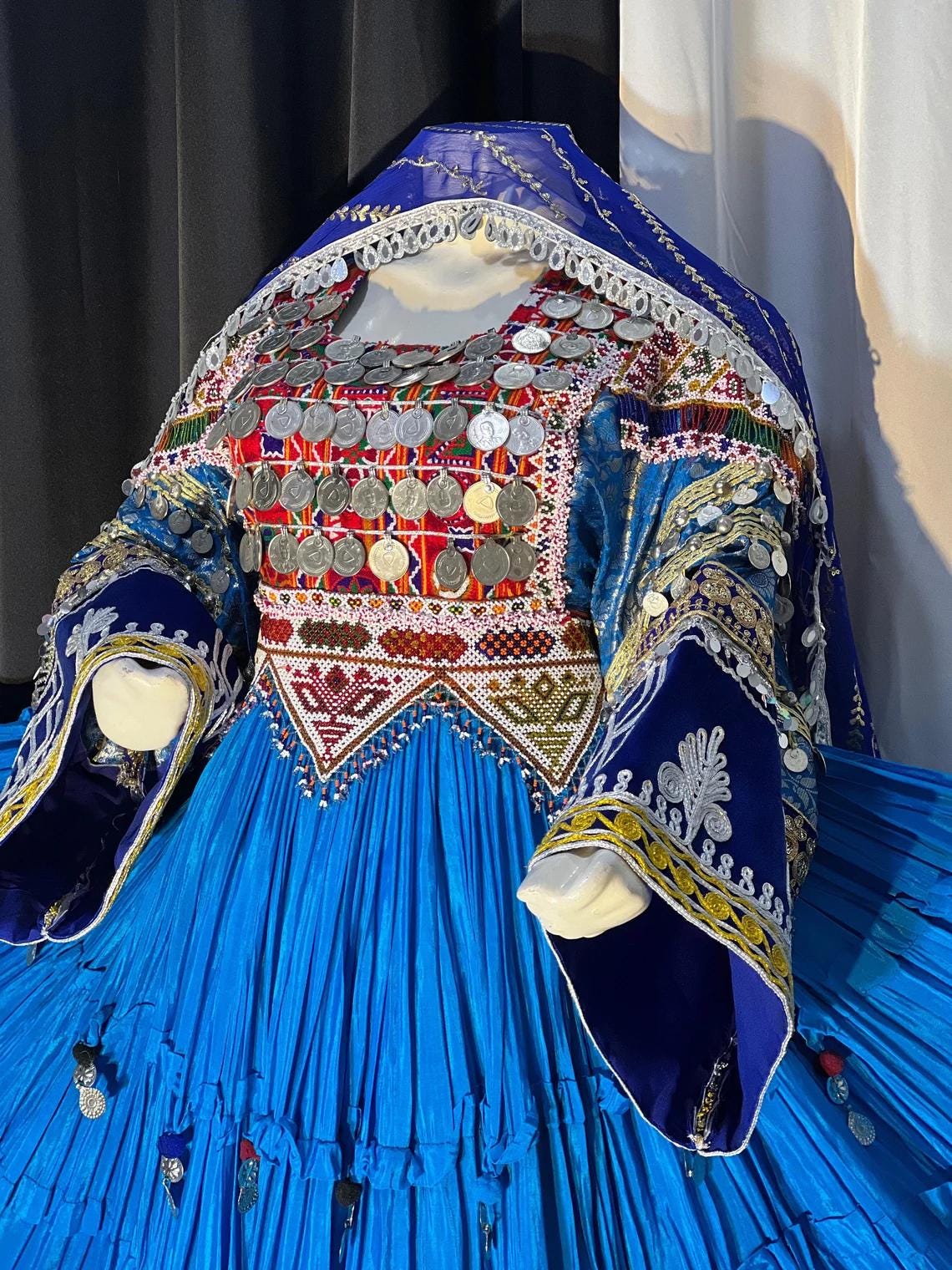 Afghan Kuchi Coin Dress: Blue Charma Dozi Embroidered 3-Piece Set