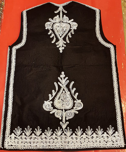 Afghan Traditional men's Black velvet vest with heavy Silver braided embroidery