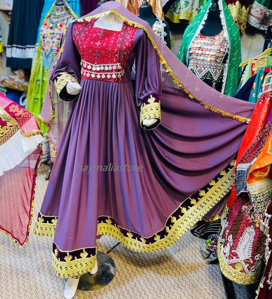 Purple Afghan Kuchi Dress: Embroidered 3-Piece Charma Dozi Outfit